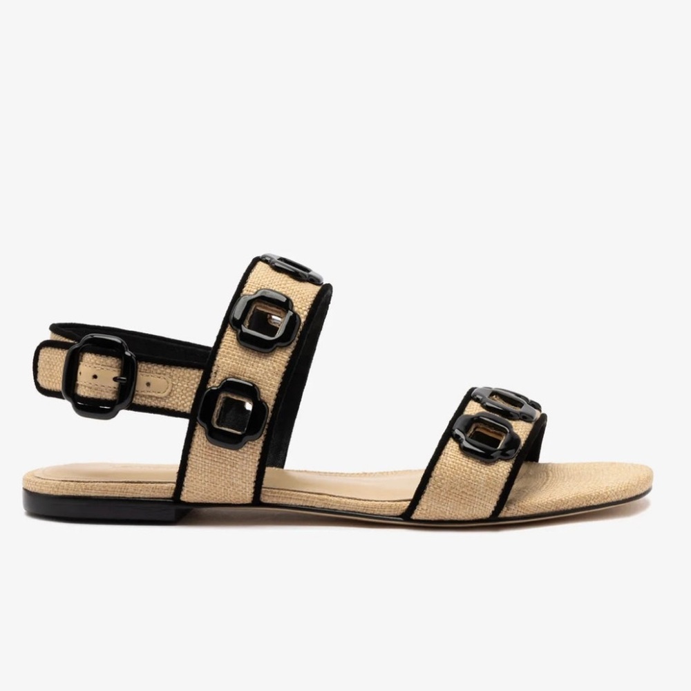 Larroude Milan Flat Sandal In Beige Raffia and Black Trimming - Picture 6 of 11